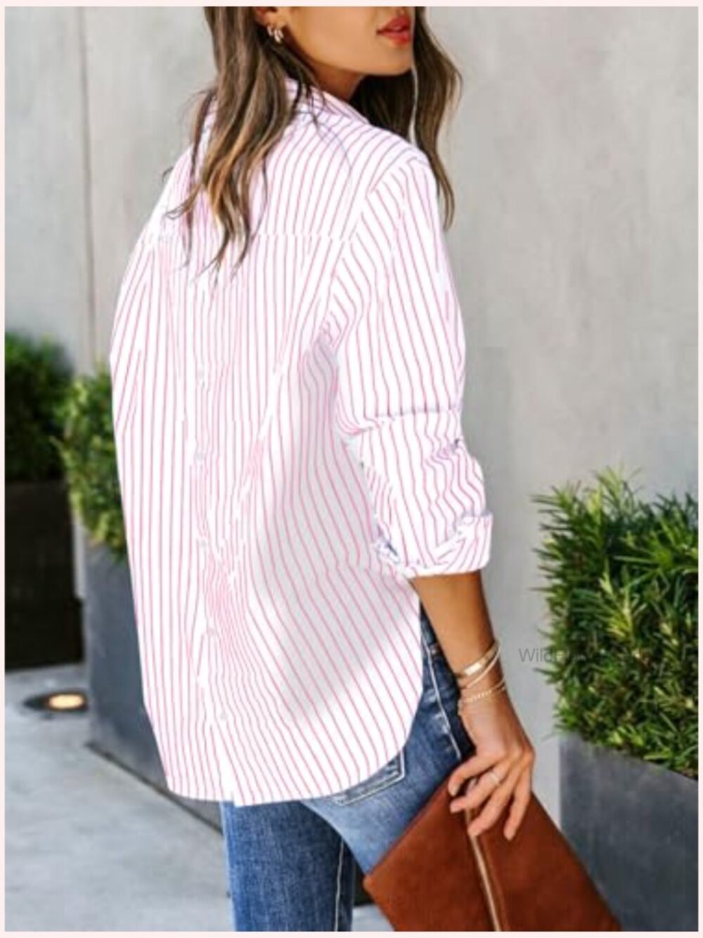 Striped V-Neck Cotton Button Down Long Sleeve Blouse Tunic - Picture 2 of 6